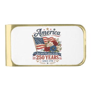 America 250 Years Floral Flag Gold Finish Money Clip