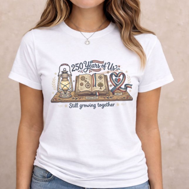America 250 Years of Us Tri-Blend Shirt (patriotic women t-shirt with 250 Years of Us book lantern heart illustration on neutral background)