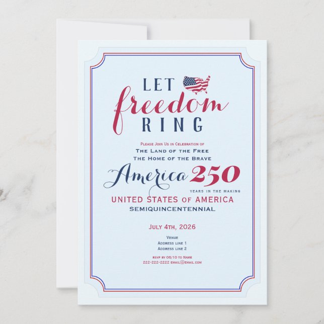 America 250 Years USA Anniversary Let Freedom Ring Invitation (Front)