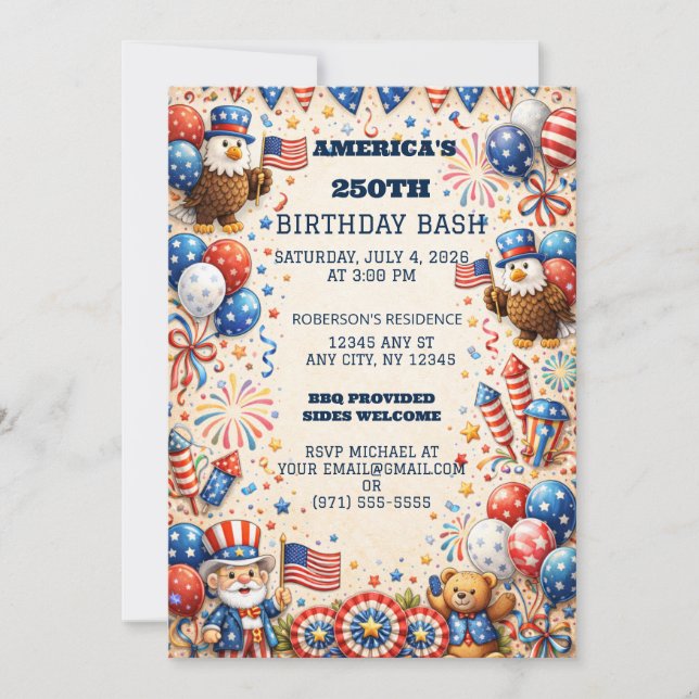 America 250th Birthday Invite Patriotic  (Front)