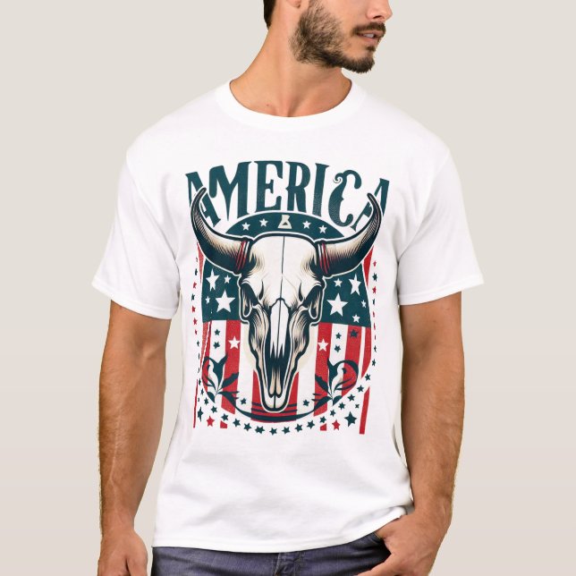 America Cow Skull 4th of July Flag  T-Shirt (Front)