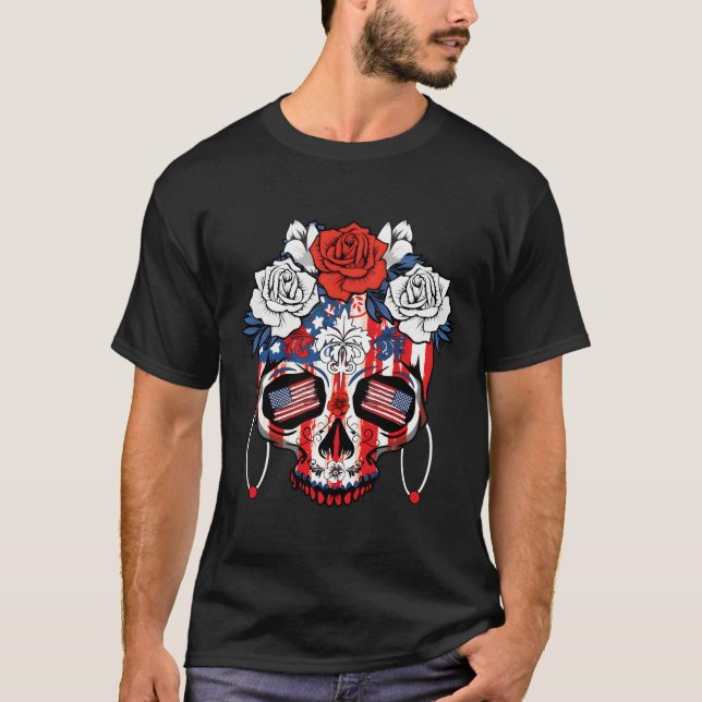 America Dia De Los Muertos Independence 4Th Of Jul T-Shirt (Front)