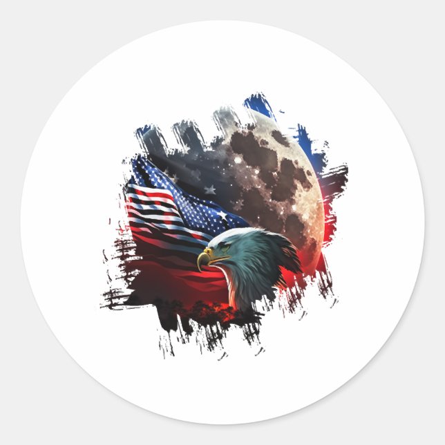 America eagle under Moon with American Flag Classic Round Sticker (Front)