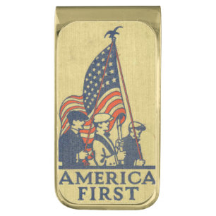 America First American Flag Patriots Vintage Text Gold Finish Money Clip