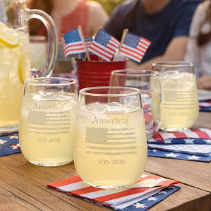 America Flag 1776 to 2026 USA 250th Anniversary Stemless Wine Glass