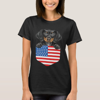 America Flag Black Dachshund Dog In Pocket T-Shirt