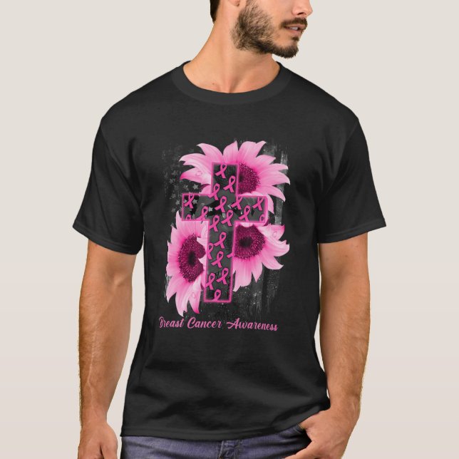America Flag Christian Cross Ribbon Breast Cancer T-Shirt (Front)