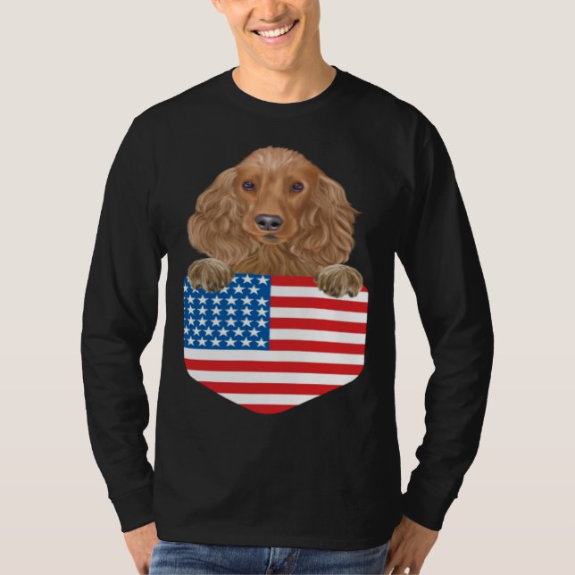 America Flag Cocker Spaniel Dog In Pocket T-Shirt (Front)