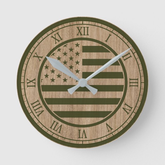 America Flag Green Army Round Clock (Front)