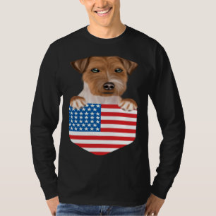 America Flag Russell Terrier Dog In Pocket T-Shirt