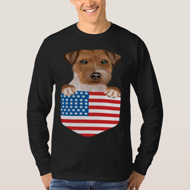 America Flag Russell Terrier Dog In Pocket T-Shirt (Front)