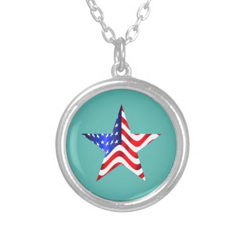 America Flag Star on teal Silver Plated Necklace