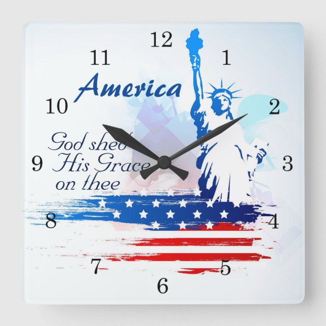 America God Shed His Grace on Thee, Patriotic Square Wall Clock (Front)