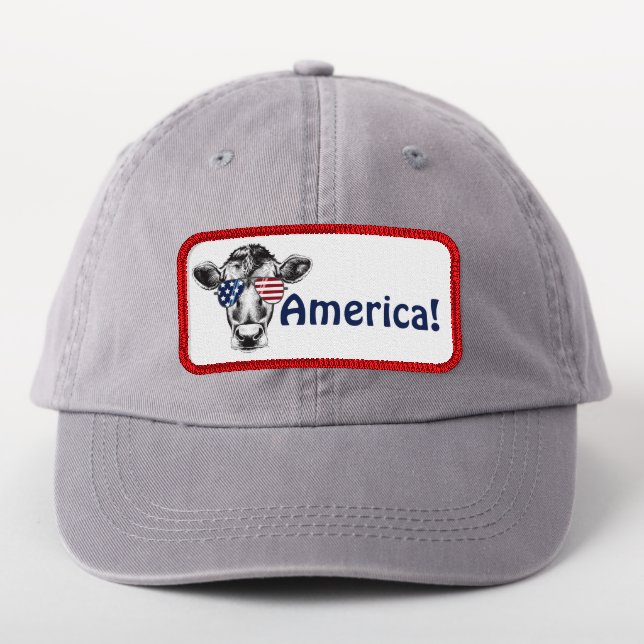 America! Hipster Cow in Sunglasses Iron On Patch (On Headwear)
