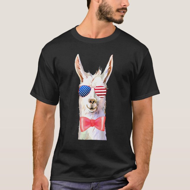 America Independence Day Flag Llama Sunglasses Alp T-Shirt (Front)