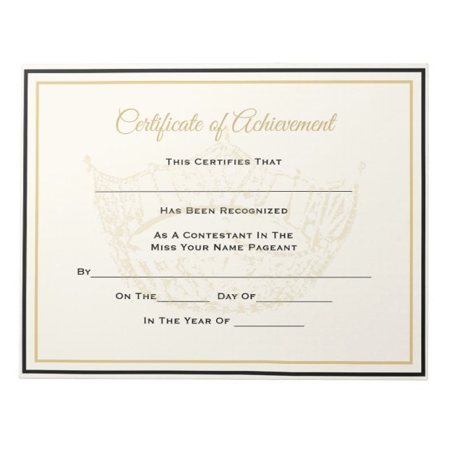 America Pageant Crown Certificate Achievement Awrd Notepad (Front)