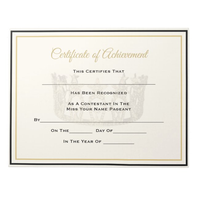 America Pageant Crown Certificate Achievement Awrd Notepad (Front)