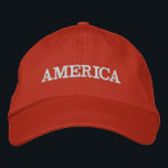 America Red Embroidered Baseball Cap<br><div class="desc">America is embroidered in white on this red unisex baseball cap or any color hat you choose. Perfect way to show your patriotism on the 4th of July,  Memorial Day or any occasion.</div>