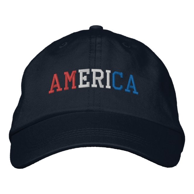 AMERICA Red White and Blue Embroidered on Navy Baseball Cap (Front)