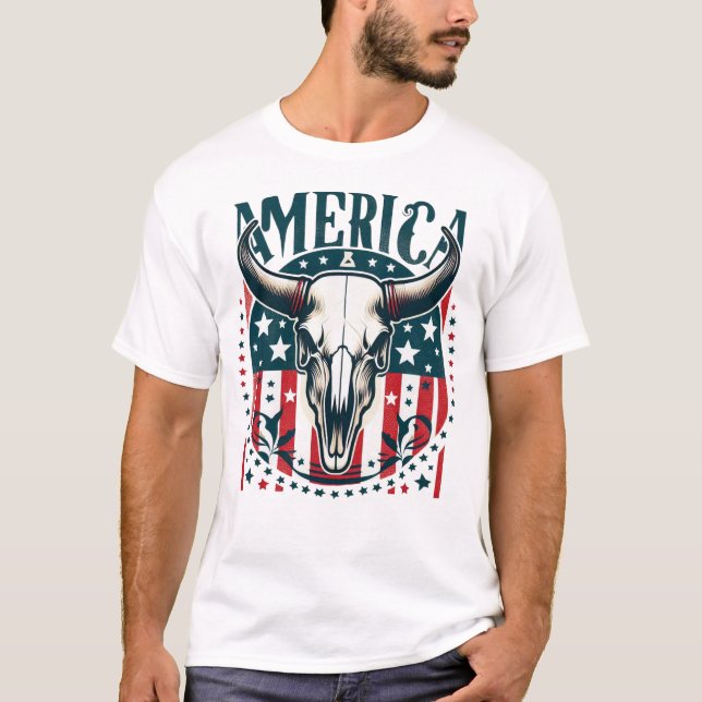 America Red White and Blue With Bull Skull T-shirt (Front)