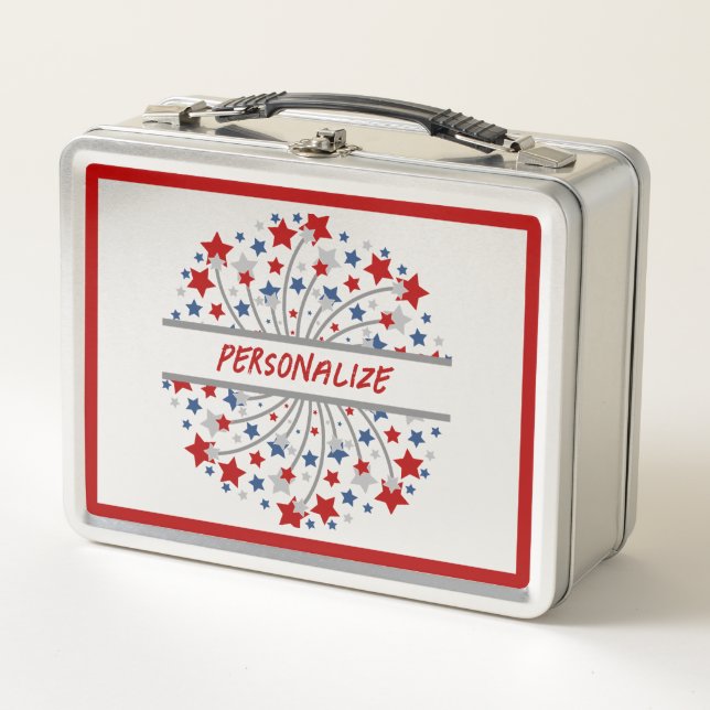 America Red White Blue Fireworks Personalized Metal Lunch Box (Front)