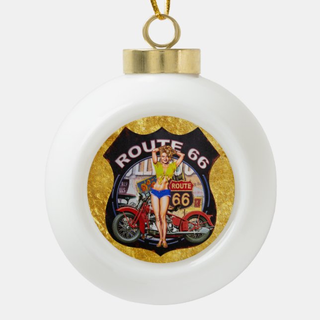 America route 66 motorcycle with a gold texture ceramic ball christmas ornament (Front)