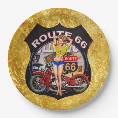 America route 66 motorcycle with a gold texture paper plates