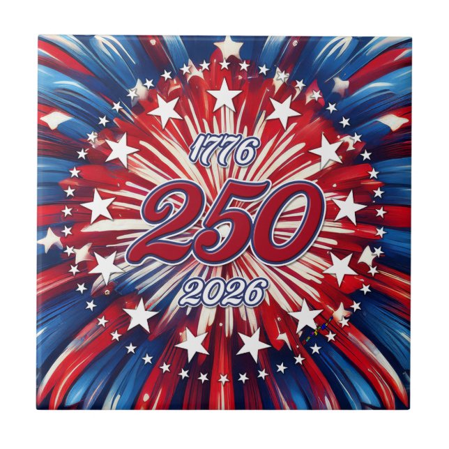 America’s 250th Birthday 1776-2026 RWB Fireworks Ceramic Tile (Front)