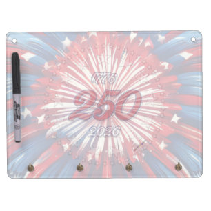 America’s 250th Birthday 1776-2026 RWB Fireworks Dry Erase Board With Keychain Holder
