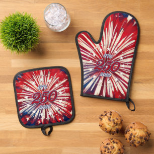 America’s 250th Birthday 1776-2026 RWB Fireworks Oven Mitt & Pot Holder Set