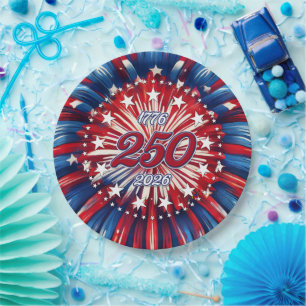 America’s 250th Birthday 1776-2026 RWB Fireworks Paper Plates