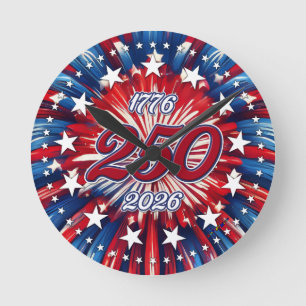 America’s 250th Birthday 1776-2026 RWB Fireworks Round Clock
