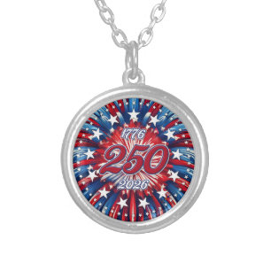 America’s 250th Birthday 1776-2026 RWB Fireworks Silver Plated Necklace