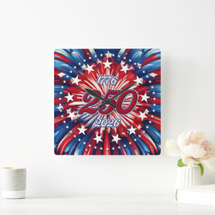 America’s 250th Birthday 1776-2026 RWB Fireworks Square Wall Clock