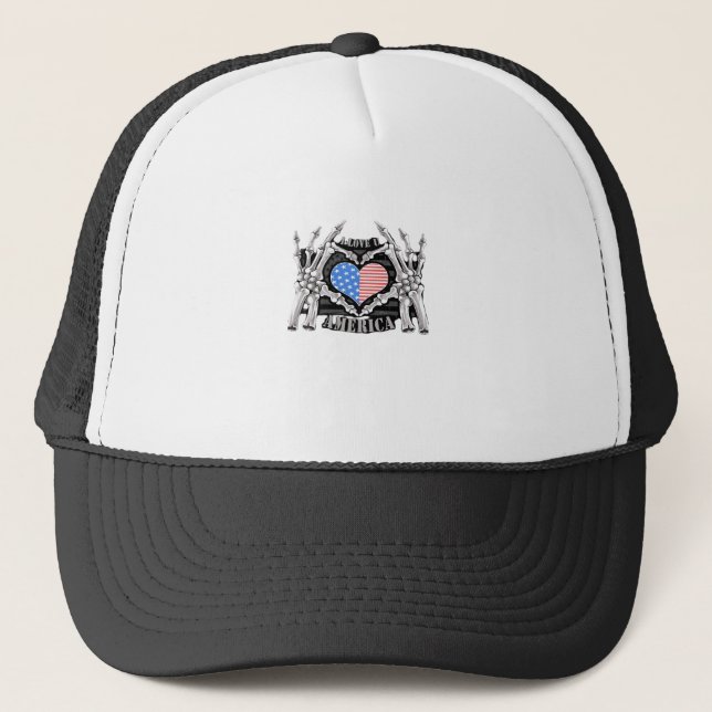 America Skeleton Hands Graphic Impression Trucker Hat (Front)