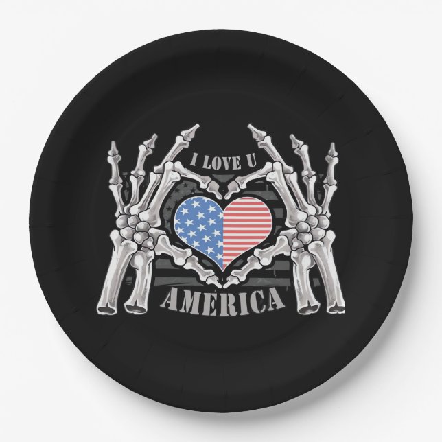 America Skull Skeleton Hand Artwork Editable Layer Paper Plates (Front)