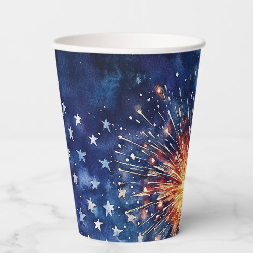 America. Stars and fireworks. Celebration.  Paper Cups