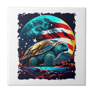 America turtle under Moon with American Flag Copy Ceramic Tile