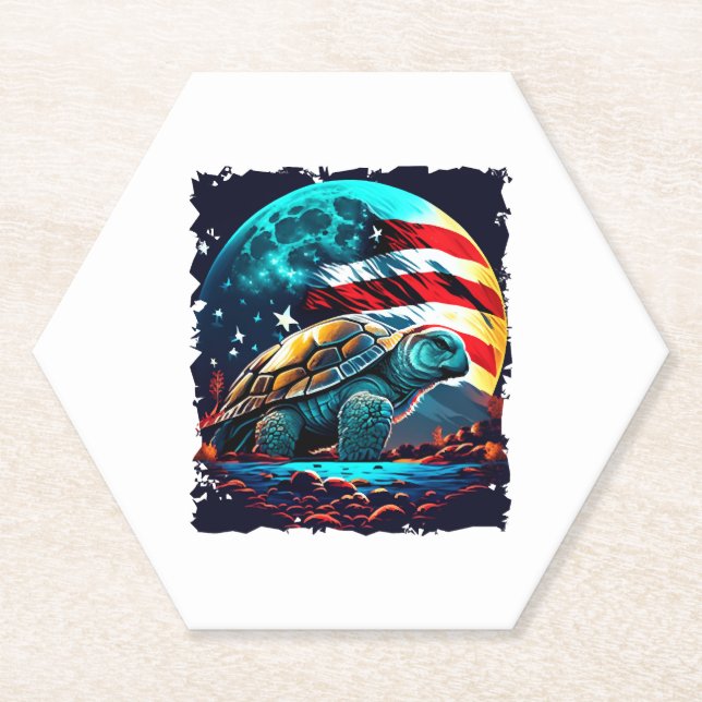 America turtle under Moon with American Flag    Paper Coaster (Front)