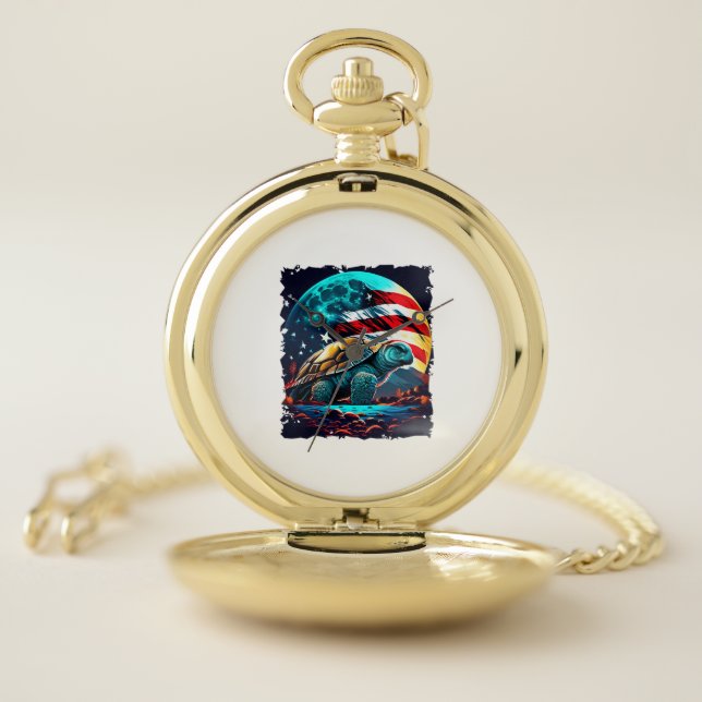 America turtle under Moon with American Flag    Pocket Watch (Inside)