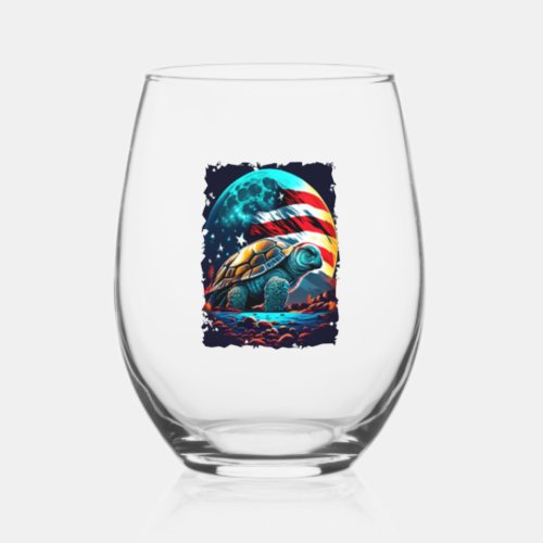 America turtle under Moon with American Flag Stemless Wine Glass