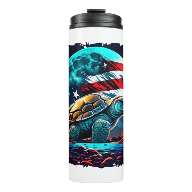 America turtle under Moon with American Flag    Thermal Tumbler (Front)