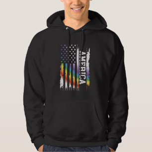 America United States Distressed Rainbow w US Flag Hoodie