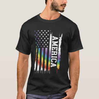 America United States Distressed Rainbow w US Flag T-Shirt