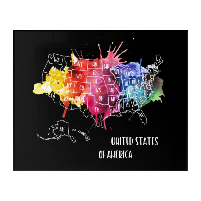 America, USA States Map Rainbow Watercolor Art (Front)