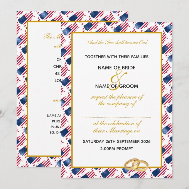 AMERICA USA with Faux Gold Script Wedding Invitation (Front/Back)