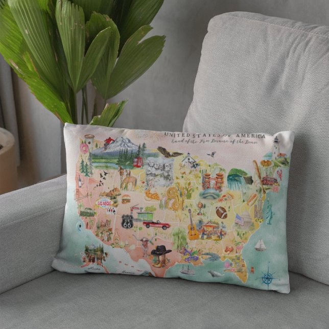 America | Watercolor Illustrated USA Map Accent Pillow (Creator Uploaded)