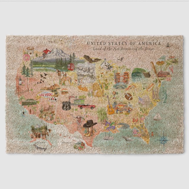 America | Watercolor Illustrated USA Map Fiber Doormat (Front)