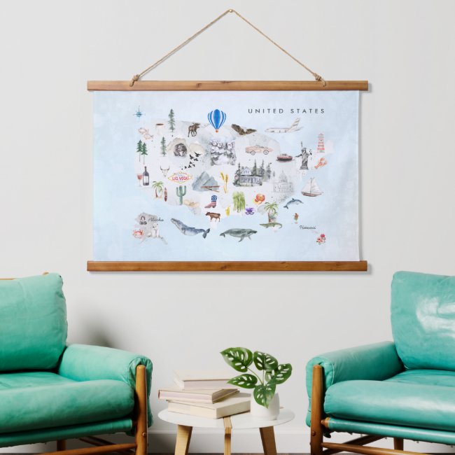 America | Watercolor Illustrated USA Map Hanging Tapestry