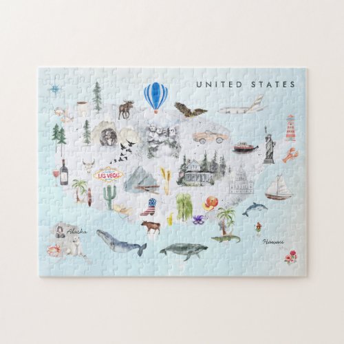 America  Watercolor Illustrated USA Map Jigsaw Puzzle